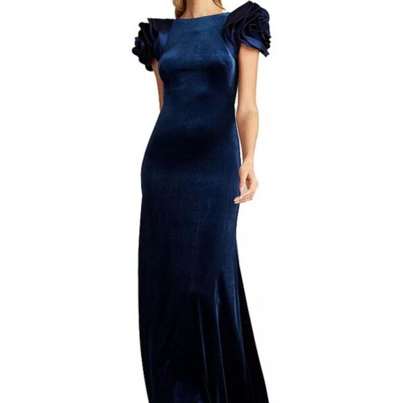 Tadashi Shoji Dresses & Skirts - Tadashi Shoji Navy Blue Rose Shoulder Velvet Gown